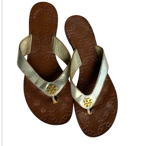 Tory Burch Thora Metallic Gold Thong Flat Sandals Size 9 - Picture 1 of 6